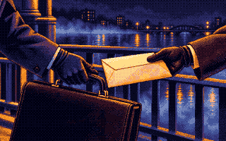Two gloved hands: an envelope one way, a briefcase the other